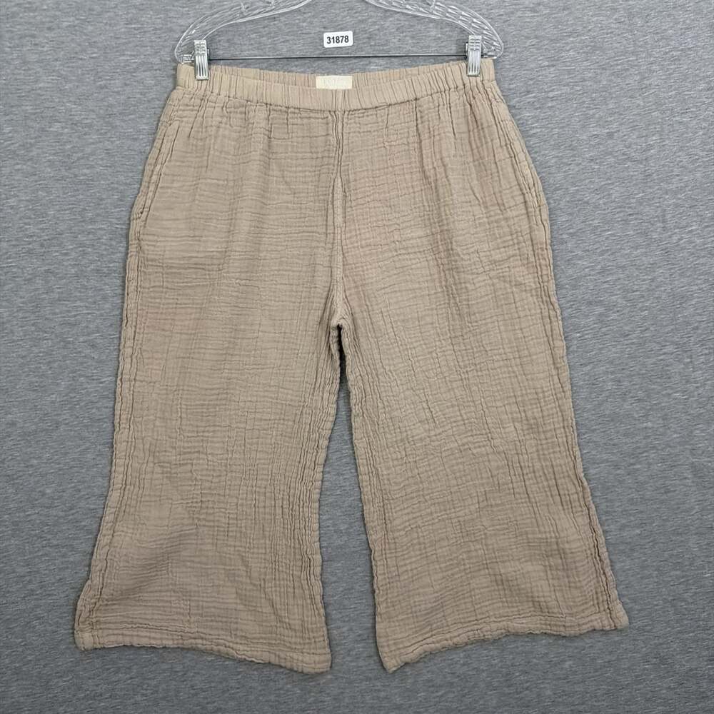 Honest Cotton Womens L XL Beige Tan Crinkle Gauze Pull On Wide Leg E-Waist Pants